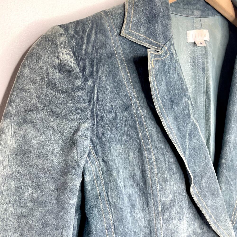 Illia Denim Leather Blazer Sz 8 Blue Suede Denim Look Indie Sleaze Y2K Eclectic - Picture 2 of 10